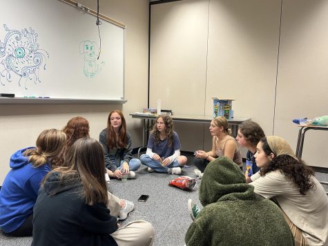 Green Action Club (GAC) members discuss trivia questions and other plans for Homecoming in the large group instruction (LGI) room at room H121. Julien Doty, GAC co-leader and senior, said the club plans to spread awareness about environmentalism and the GAC at Homecoming.