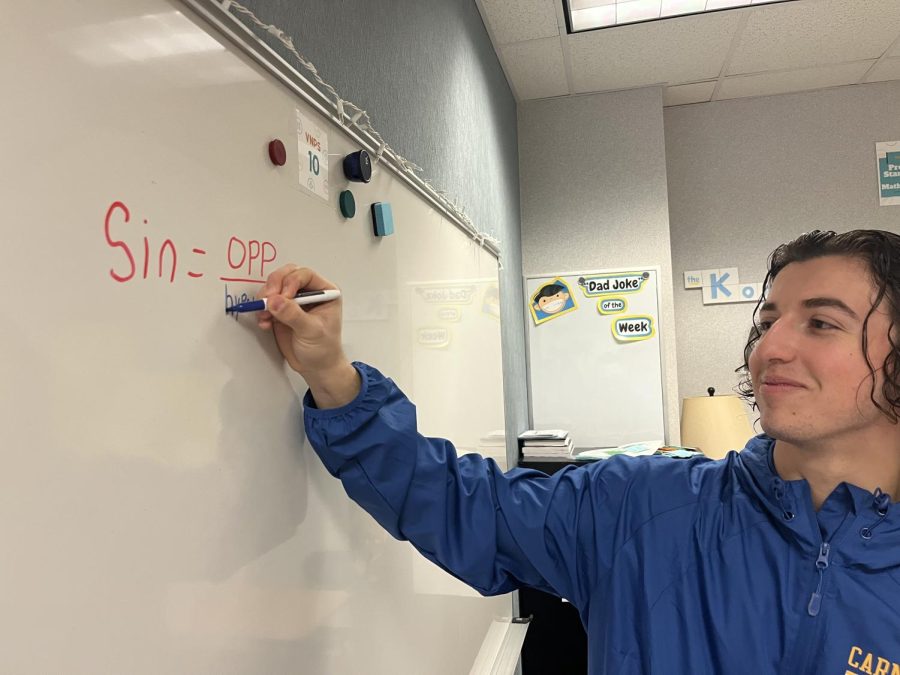 Wyatt Roth is learning the basics of trigonometry on Monday, Feb, 27. The geometry class was working on sine, cosine, and tangent, and how to remember what is the formula for each. The class is also focusing on finding missing variables using sin, cos, and tan.