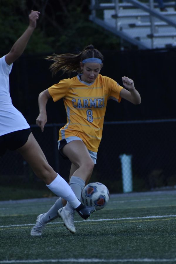 Sophomore Olivia Cebalo plays against South Bend St. Joe on Aug. 16. Cebalo said it was a tough game and brought the team closer together when they celebrated their victory.