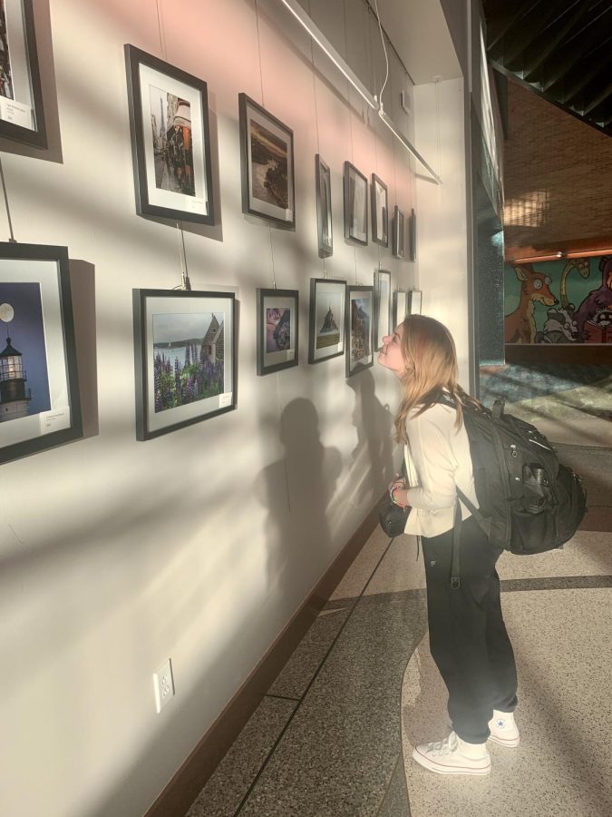 Junior Ryann Sudduth admires the art wall at the CCPL after school on Feb. 23. The CCPL chooses one artist every month to feature on the Art Wall.