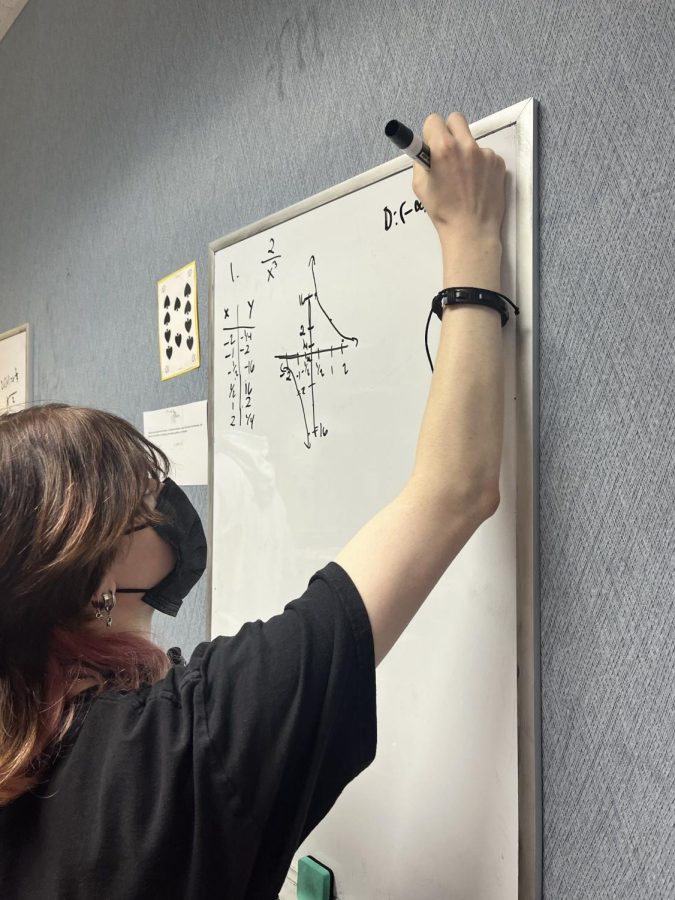 Anna Logsdon, CHS junior, helps solve math problems with a group on the whiteboard during vertical spaces in intermediate precalculus on September 9. Intermediate precalculus and other math classes now include an activity called vertical spaces where students in the class are grouped together and solve math problems on a whiteboard or chalkboard. The activity helps students learn new material and ask other students for help when they need it. 