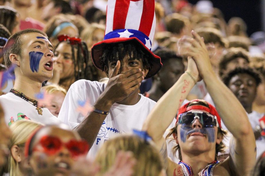 Students wear red, white and blue to showcase USA themed school spirit at the Carmel vs Cass Technical football game. According to sophomore Siddarth “Sid” Chavali, spirit wear themes bring more excitement and people to the games. 
