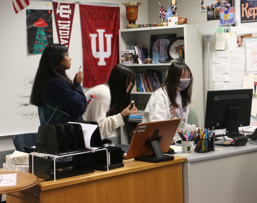 Arriya Arif, Samantha Lin, and Renee Kim, Seikyo Pen Friends co-leaders and juniors, start a video for club members. Kim said this year, the club hopes to gain more recognition. 