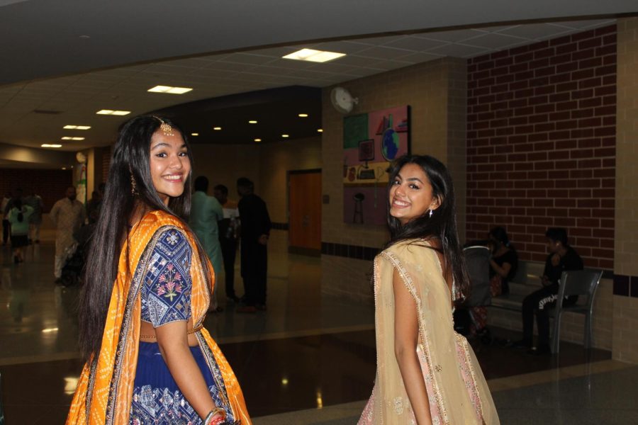 Senior Rhea Adesara and Junior Keshvi Patel celebrate Navaratri at a Garba event on October 1st, 2022. The event was held at the Chapel Hill School and lasted from 8:30 PM to 12:30 AM. 