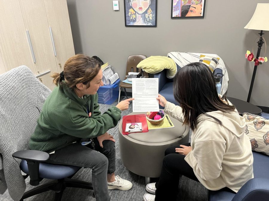Counselor Casey Danubio and junior Sandra Yang discuss college plans on Oct. 28 at the counseling center. Danubio and Yang talked about college applications and letters of recommendation. 