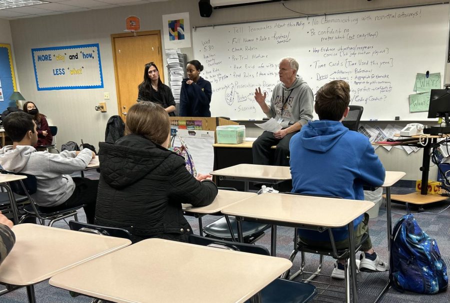 Mock Trial members met after school in room F102 on Jan. 10. Club sponsor Robert Browning explains the Mock Trial competition rules and expectations.