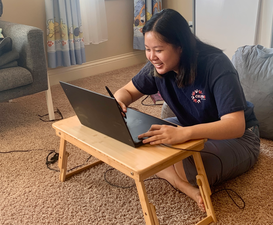 Senior Avery Guo works on a digital art project on her laptop. Guo said she uses a keyboard cover so that she can draw with her e-pencil without having to touch the screen.