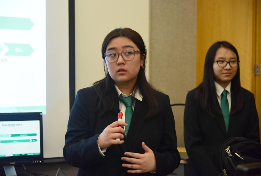 Sophomore Jessica Ding practices her speech for the Wharton Global High School Investment Competition. She, along with five other students, competed at the Global Finale on April 22. 