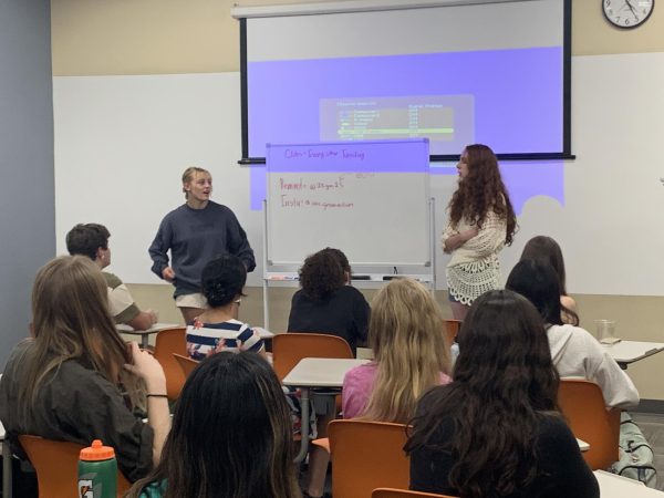 Ella Lipnik and Ashlyn Walker, GAC co-presidents and seniors, lead a GAC meeting. The club meets every other Tuesday, with their next meeting being Oct. 3.