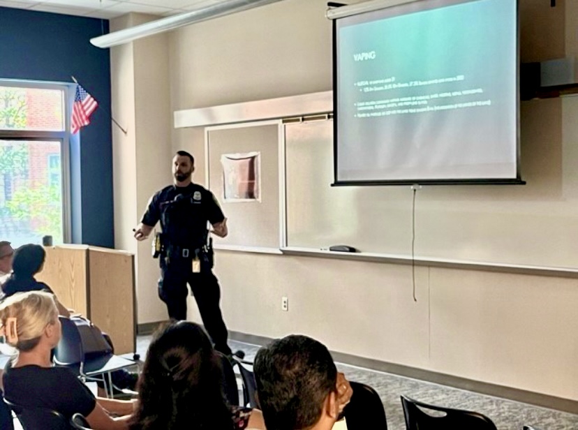Hunter Rogowski, Master Patrol Officer and SRO, gives a presentation to students about vaping and its consequences. Rogowski said it was incredibly important to teach students about the dangers of nicotine use to warn them against using it.