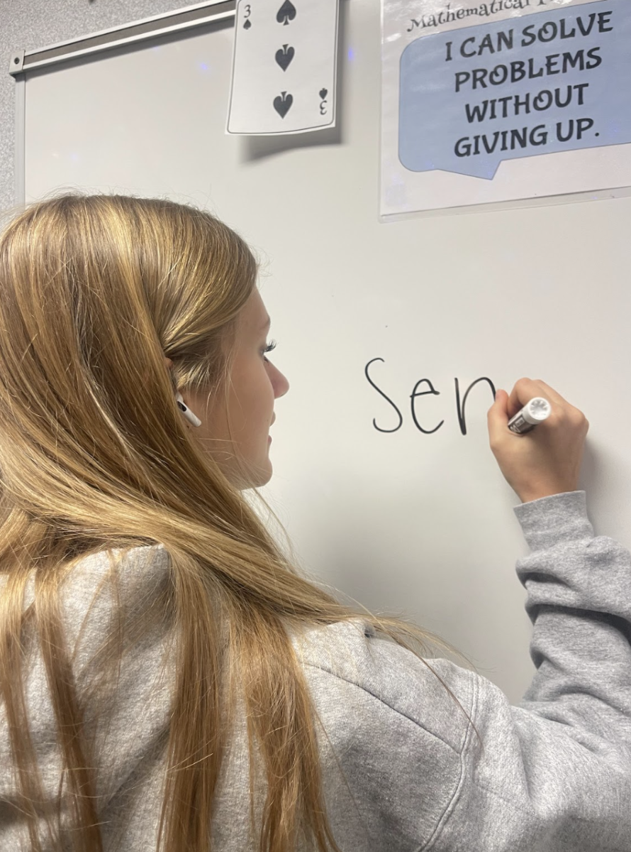 Senator and junior Sophie Parker is pictured writing on a whiteboard. Parker said that senate is currently preparing for Care to Share. 
