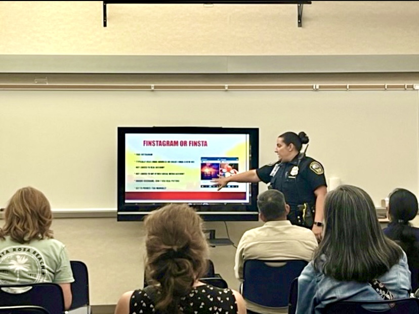 Ashley Williams, Master Patrol Officer and SRO, educates students about Finstas and Instagram safety. Williams said informing students about the risks associated with social media platforms can help them make better decisions regarding their usage. 
