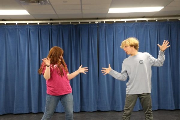 Sophomores Luke Boyce and Hannah Sevening rehearse for their duo musical act on Jan. 17. They prepared for the upcoming Indiana State Thespians Conference on Jan. 19-20. 
