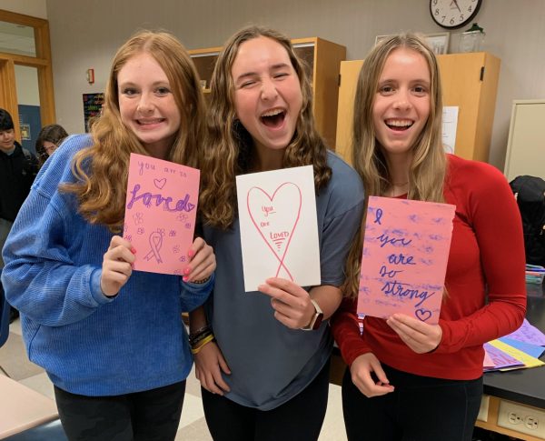 Jennys Journey club members pose for a picture on Feb. 22. They created cards to send to the cancer wing of the Indiana University Health Hospital. (Submitted Photo: Riley Alderman)