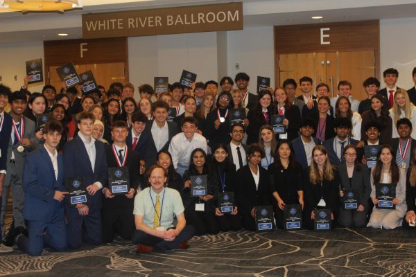 DECA members pose at the DECA state competition on March 5, 2024. DECA sponsor Jacob Goodman said, (We) want to say how proud we are of all competitors this year.