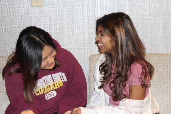 READY TO REMINISCENCE: Seniors Sandra Yang (left) and Pragathi Arunkumar (right) discuss their plans to travel together during summer break on Nov 20th, 2023. “We really wanted to go on a senior trip this upcoming summer so we can make the most of our summer because it is very likely we will go to different colleges,” said Arunkumar. 
