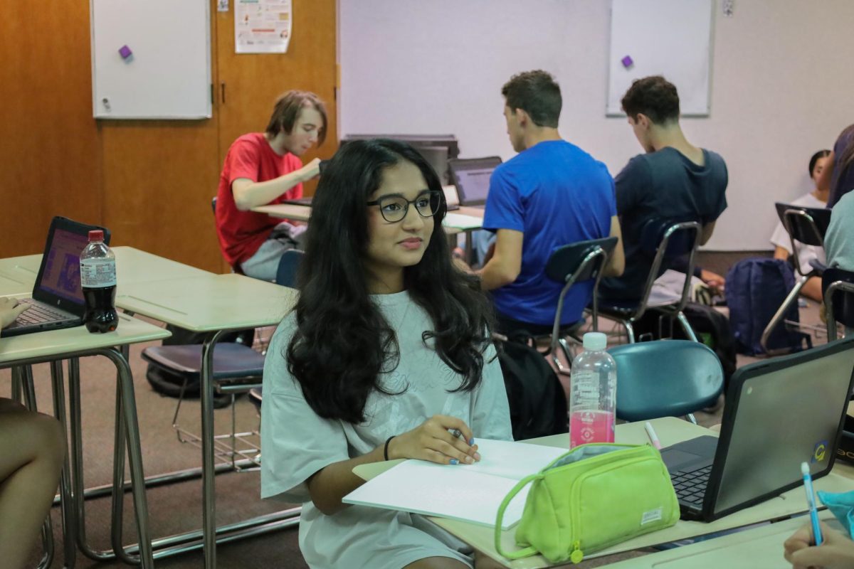 Junior Manvi Musunuru studies in class with her glasses on Aug 8. Musunuru wore glasses due to difficulty seeing the board in the class. Musunuru said it helped her greatly in classes.