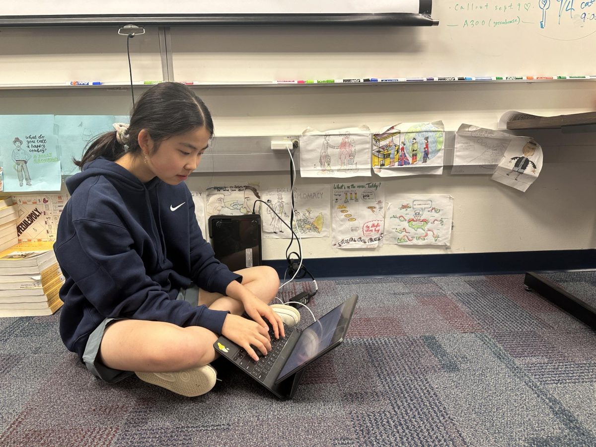 Sophia Fu, Mu Alpha Theta president, reviews materials for Mu Alpha Theta on her Chromebook. Fu said, "I'm excited to run Mu Alpha Theta for one last year and to mentor people so that we can pass on the leadership for next year."