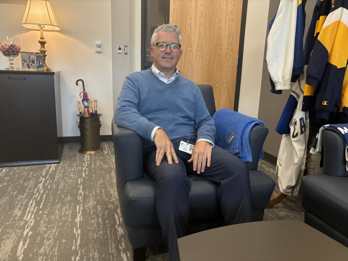 Principal Tim Phares sits in the Administration Office. Phares said administration is wrapping up the natatorium project, and will be completed by the end of fall break. 