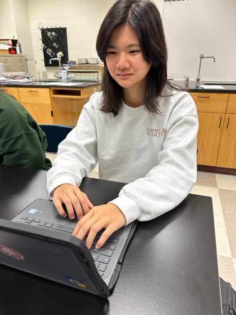 Ava Liao, Science Olympiad officer and junior, creates tests for Carmel Scrimmage on Nov. 16. She said these tests will hopefully challenge teams