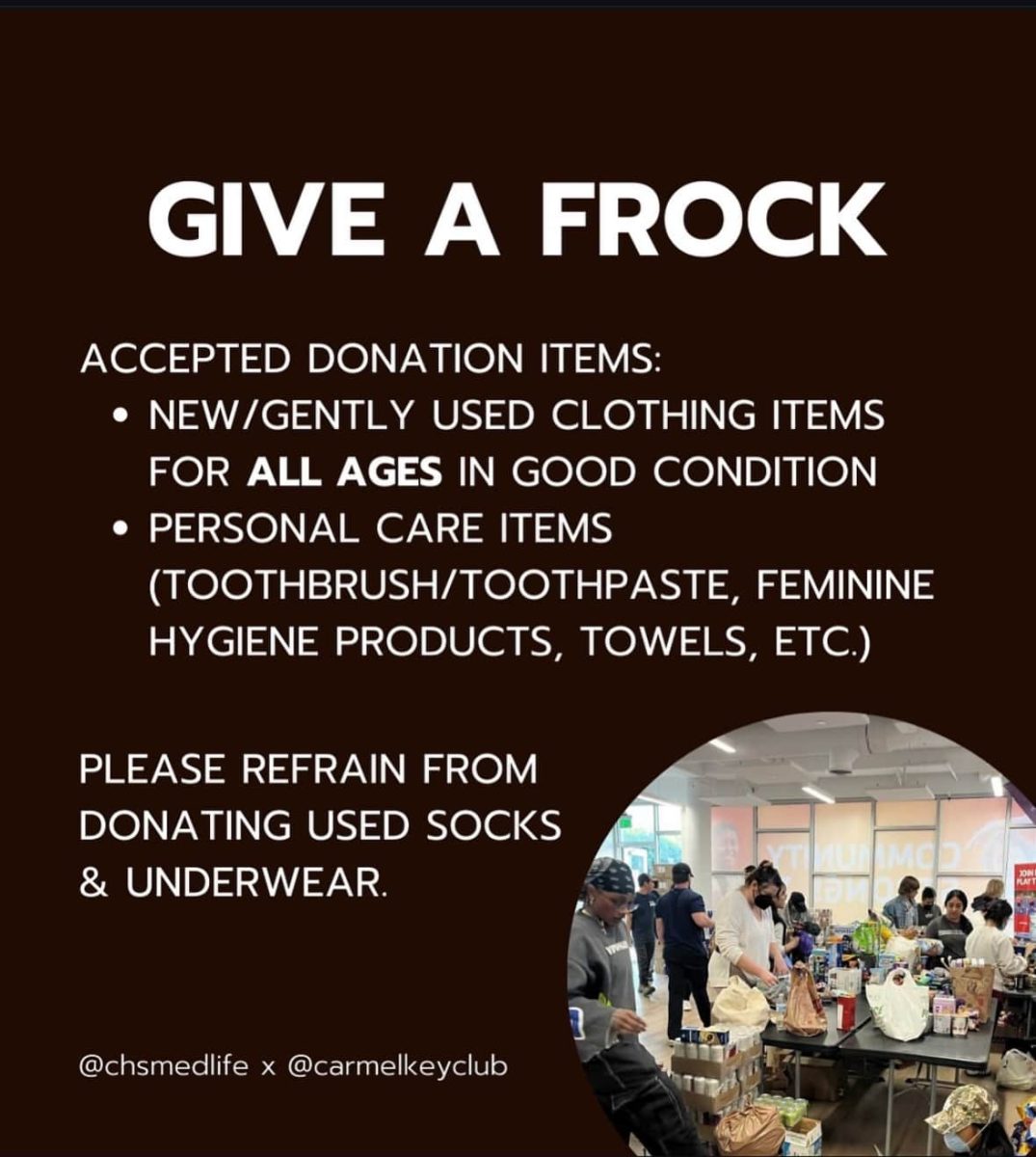 Carmel Key Club and Carmel Medlife’s “Give a Frock” fundraiser info. To donate, drop off items to A219 of E232 before Jan. 31. (Source: @carmelkeyclub Instagram)