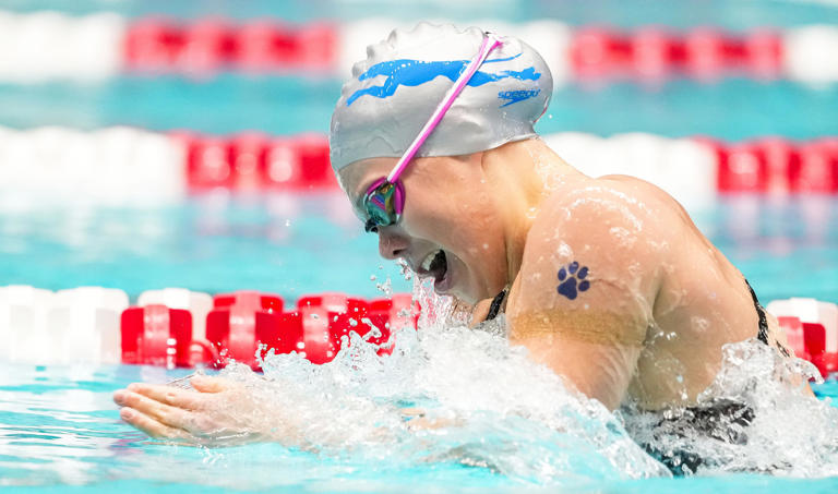 Molly Sweeney competes in the 100 yard breaststroke on Friday, Feb. 14, 2025, during the IHSAA state finals prelims. The meet was held at the IU Natatorium at IU Indianapolis. (Submitted: Molly Sweeney)